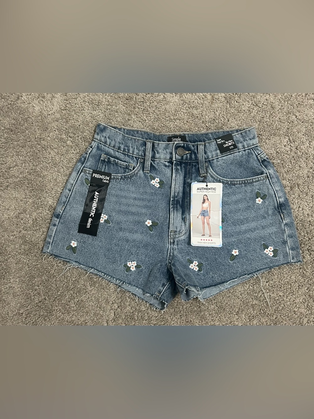 Simple Society Authentic Super High Rise Embroidered Floral Denim Cut Off 25